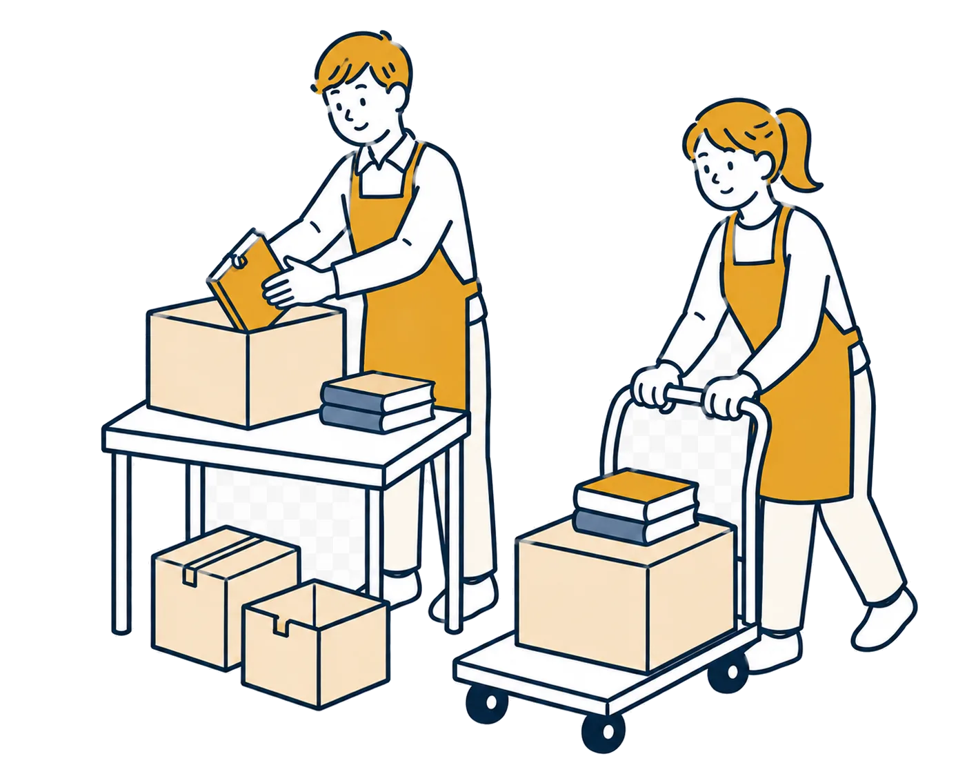 書棚のある部屋で本を箱詰めするスタッフのイラスト