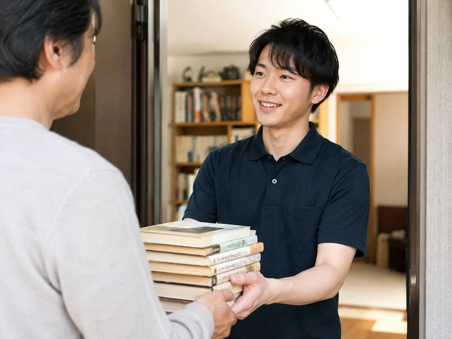 ご自宅で本を受け取るスタッフ