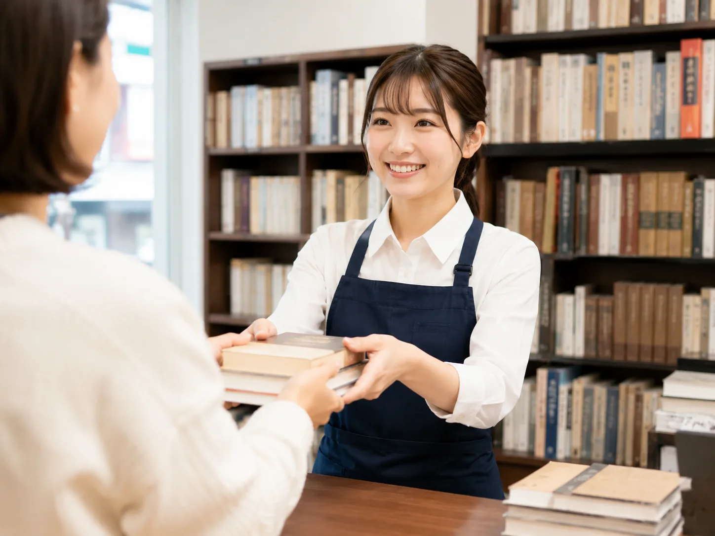 店頭で本を受け取るスタッフ