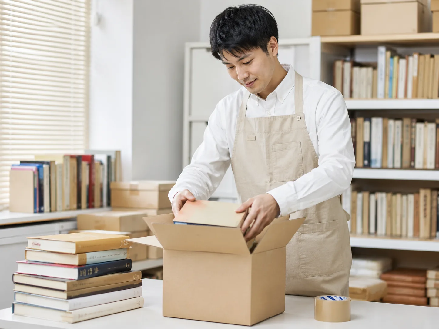 段ボールに本を詰めるスタッフ